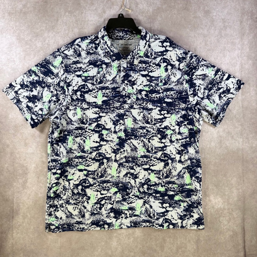 Under Armour Playoff Polo Mens 2XL Navy Blue White Lime Green Mountain Shirt